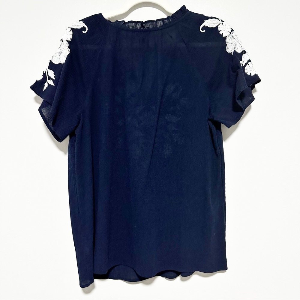 Talbots Embroidered Gauze Ruffle Neck Navy Top Size M - Picture 3 of 9